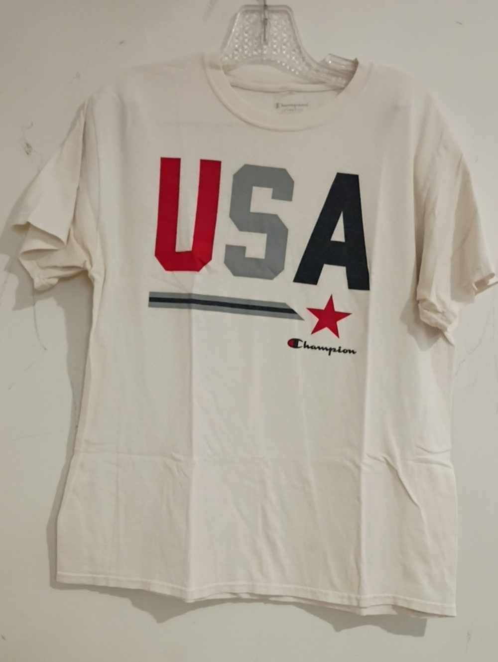 Champion Cream Short Sleeve Tee with Red, Gray & Navy USA Graphic